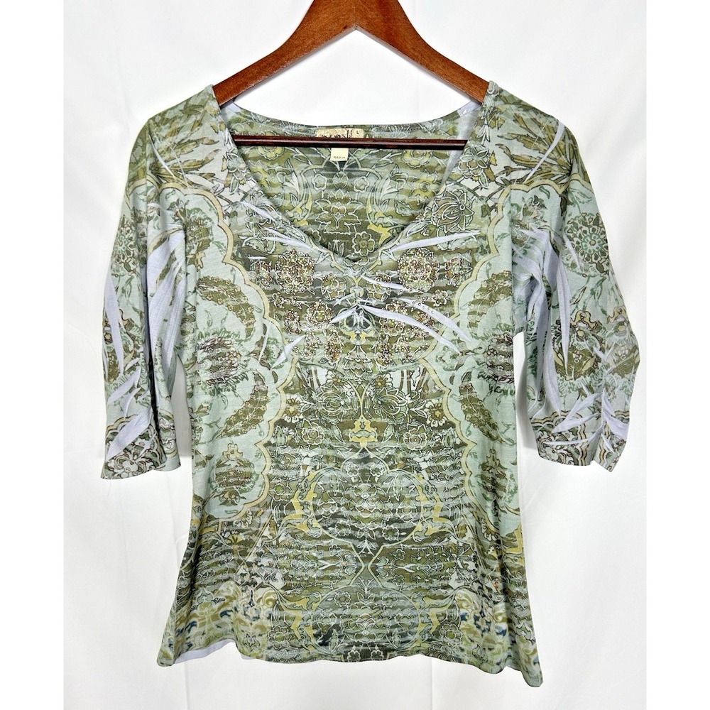One World Womens‎ Knit Babydoll Top Green Boho Forest Fairy Grunge Earthy Size L